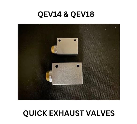 QEV14 and QEV18 Quick Exhaust Valves displayed on a black background